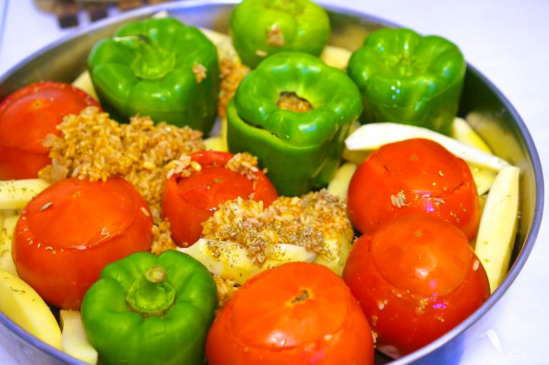 Greek cooking class, stuffed tomatoes, stuffed peppers