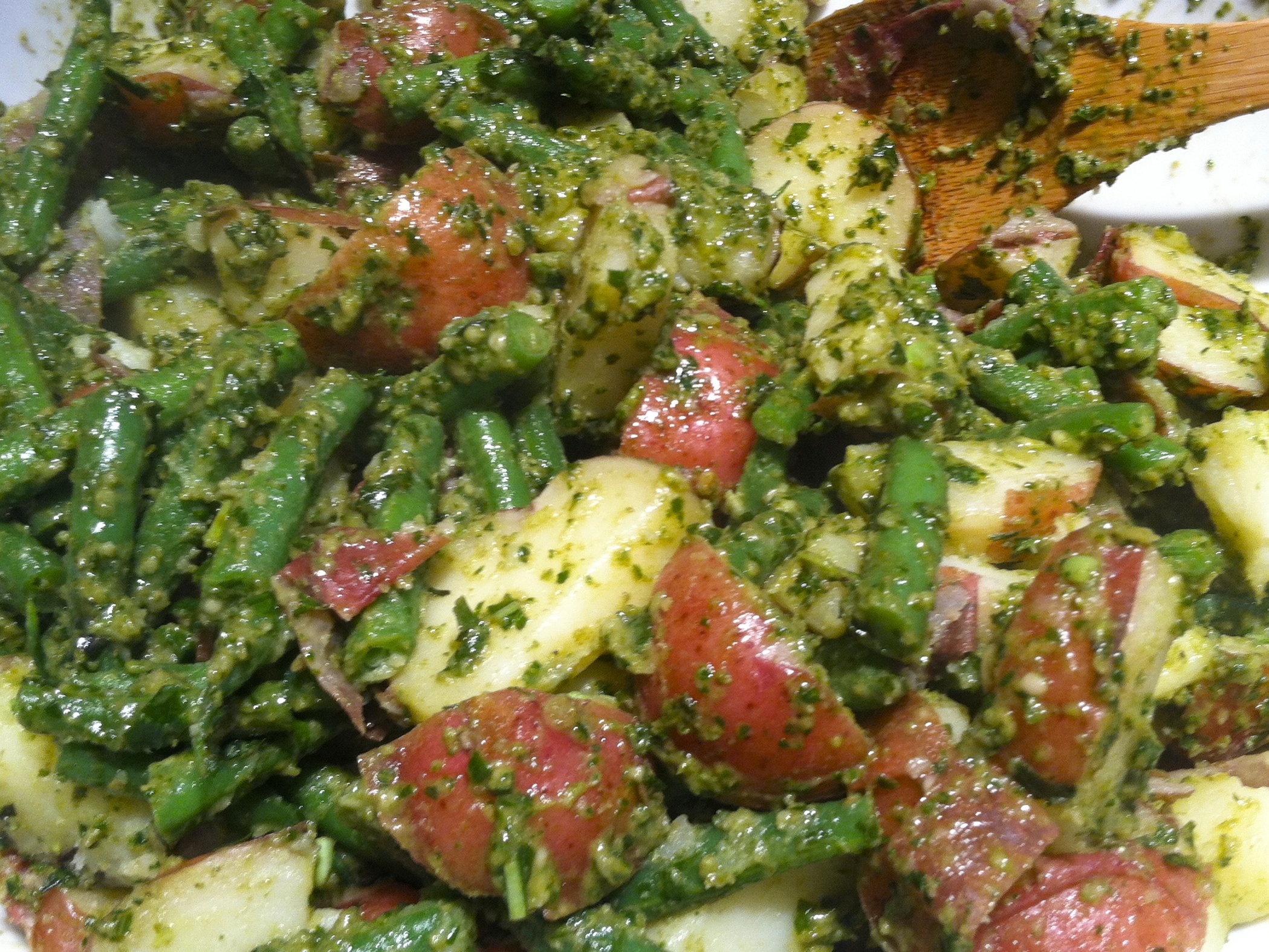 three herb pesto with new potatoes and green beans