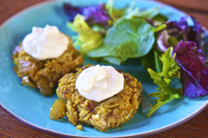 Curried Millet Cakes with Feta Yogurt Sauce